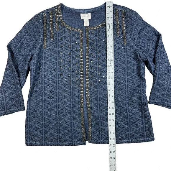 Chicos Blue Studded Beaded Embroidered Eyelet Cardigan Jacket Size 1 US Medium - Picture 5 of 8